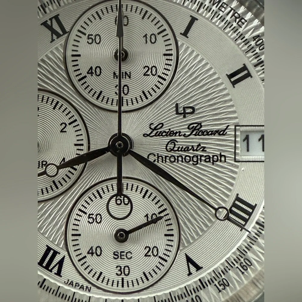 Lucien Piccard Chronograph Watch Stainless Case Bracelet Silver Dial New Crystal